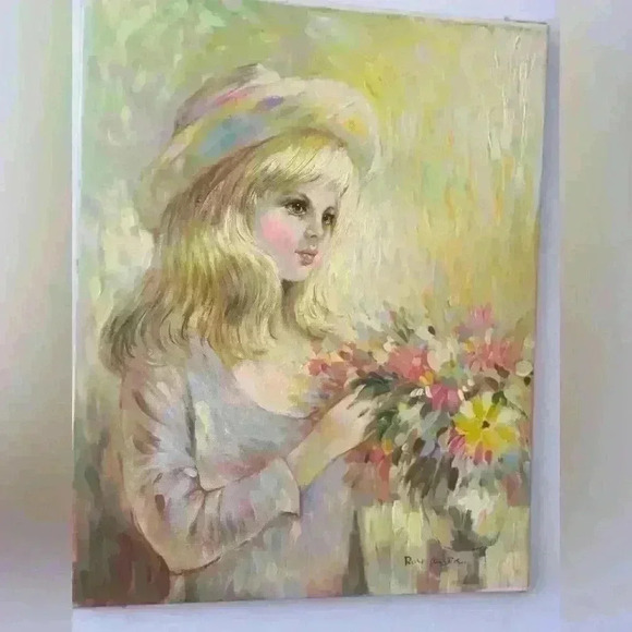 Original Handmade painting By Roy Austin Blonde girl with Flowers - Picture 4 of 12